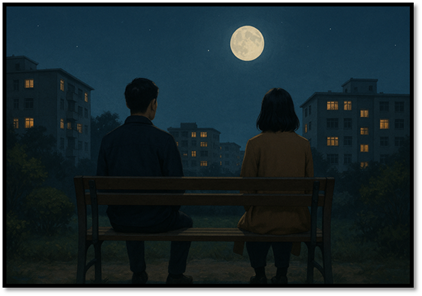 说明: A person and person sitting on a bench looking at the moon