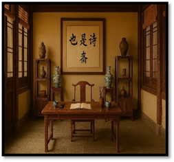 说明: A room with a table and vases