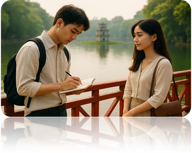 说明: A person and person standing on a bridge looking at a notepad
