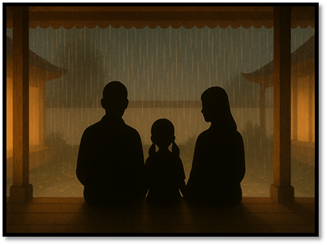 说明: A silhouette of a family sitting in front of a window